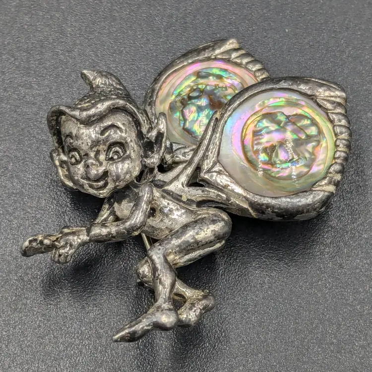 Vintage CYVRA Pixie/Fairy Sterling Silver Brooch with Abalone Wings
