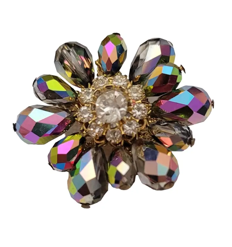 Vintage Watermelon AB Bead And Clear Rhinestone Cluster Brooch E649