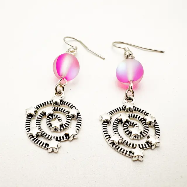 Cosmic Stars Celestial Pink Mermaid Glass Dangle Charm Earrings Silver Tone Handmade