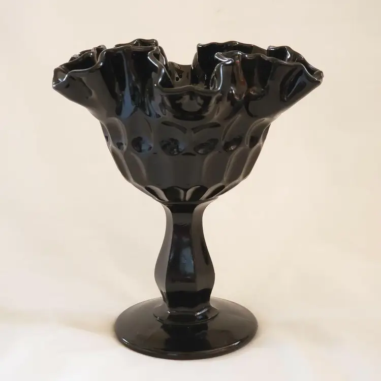 Fenton Glass Thumbprint Black Ruffled Tall Pedestal Compote Bowl 6 1/4" tall approximately