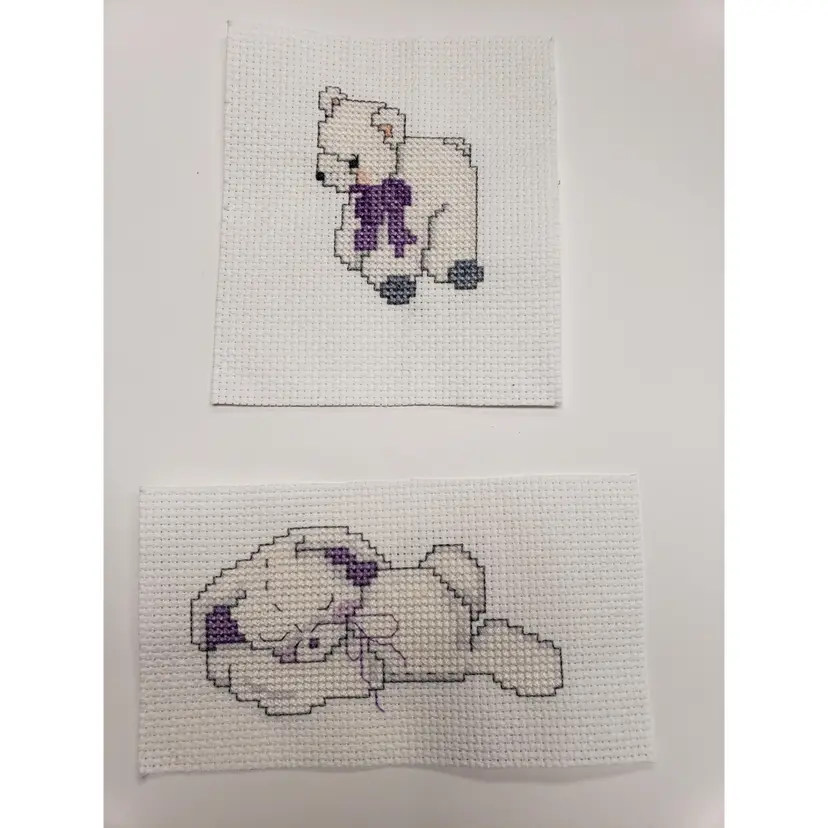 New Lot Of 2 Cross-stitched Pieces One Rolling Bear, One Sleeping Bunny