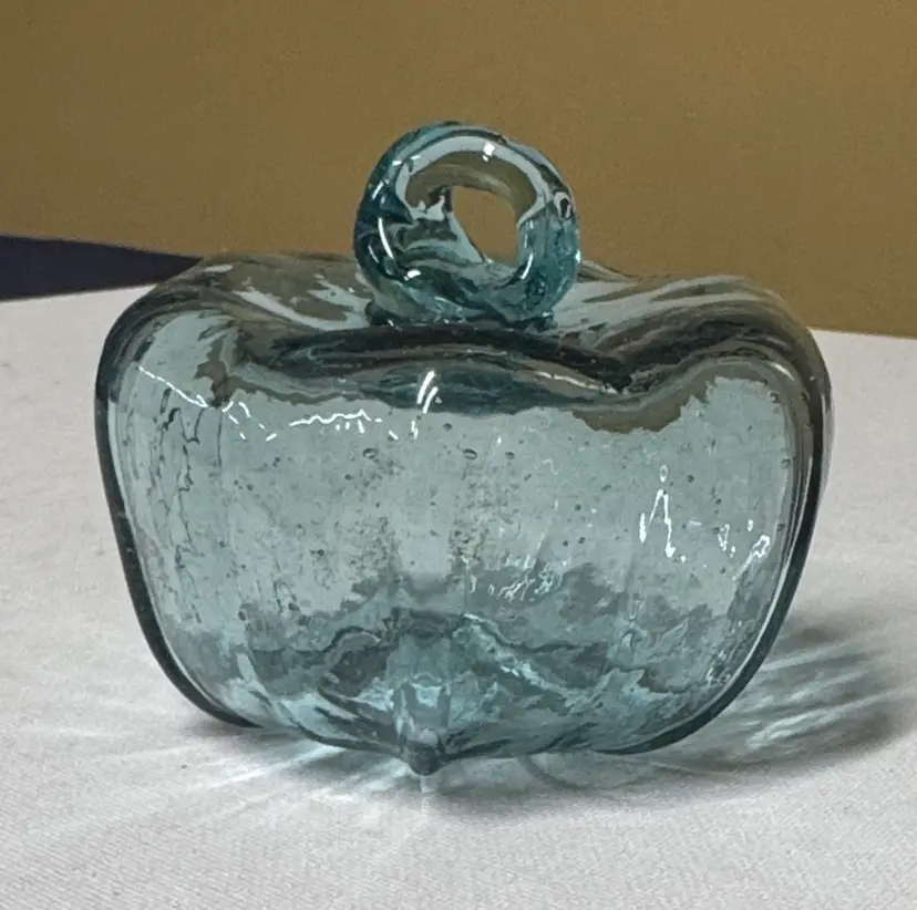 hand-blown blue glass pumpkin paperweight 4” diameter