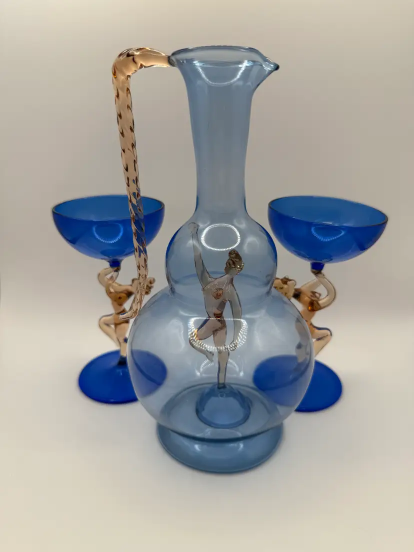 Art Deco Bimini Glass Decanter Set 1920s-1930s Austrian Pitcher and 2 Cordials