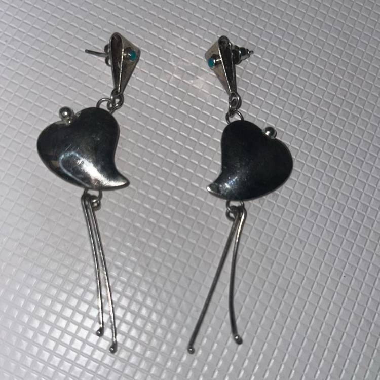 Vintage  Nofchissey Turquoise . Heart Earrings By A Native American Woman 3.5” Long (tested) SS