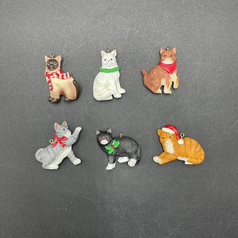 Miniature Cat Kitten Kitty Hanging Christmas Ornaments Set of 6 Holiday Decor