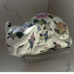 Vintage Porcelain Floral Sleeping Cat -8” Long