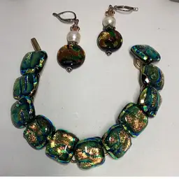 Dichotic Glass Green & Gold Bracelet And Pierced Earrings Beautiful Set