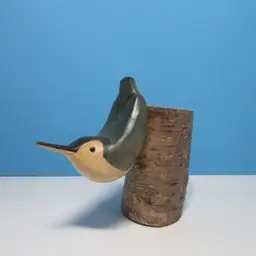vintage hand carved and painted Nuthatch bird on tree stump figure