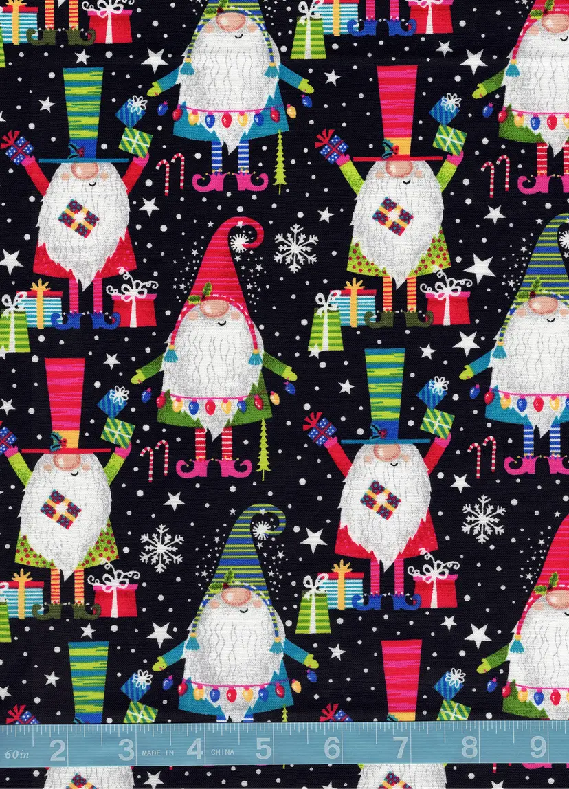 Christmas Gnome Cotton Quilt Fabric by the Yard – Gnomes Bearing Gifts on Black Holiday Quilting Fabric – Festive Christmas Sewing Fabric (100% Cotton)