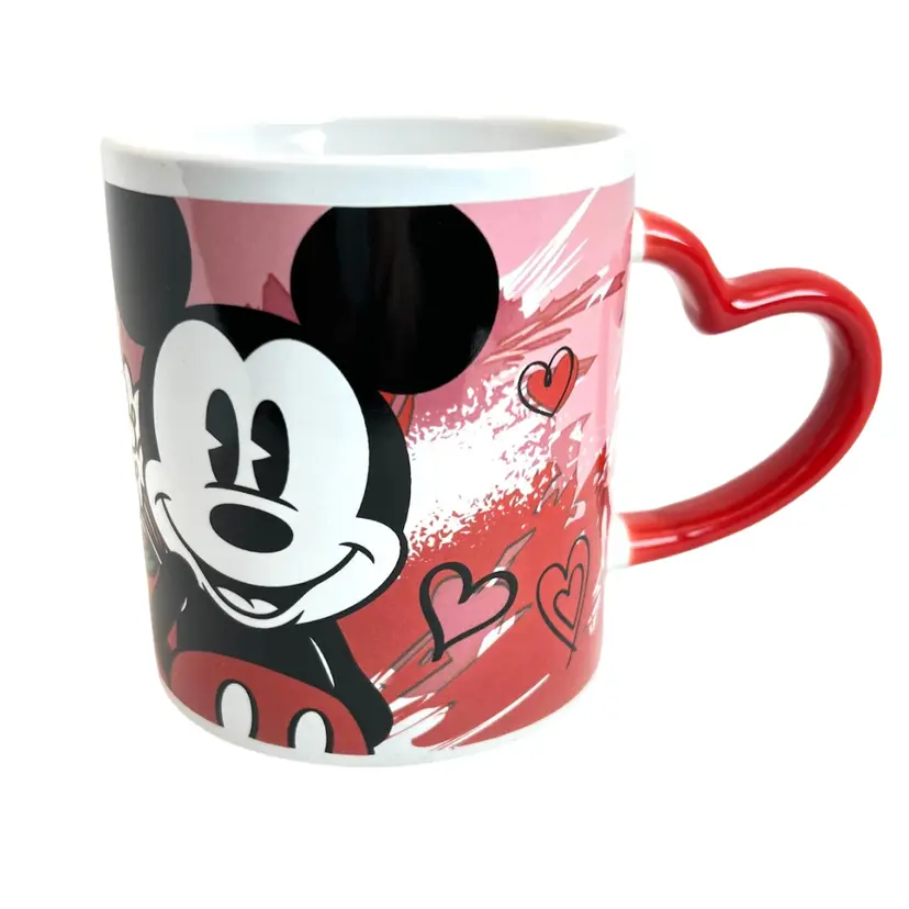 Disney Mickey Mouse Red Heart Handle Mug. 4” tall x 3.5” diameter x 5-1/2" across handle-to side