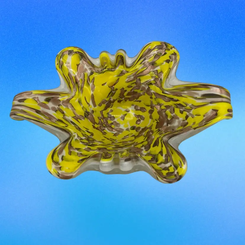 Art Glass Bowl Ashtray Yellow Gold Flake Multicolor 8.5in