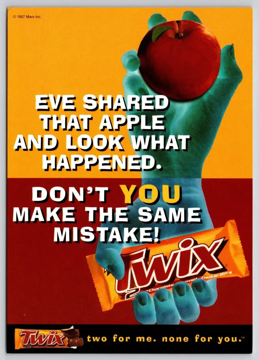 Postcard Twix Chocolate Caramel Candy Advertising Mars Inc Adam and Eve 1997 - 10819 Box H