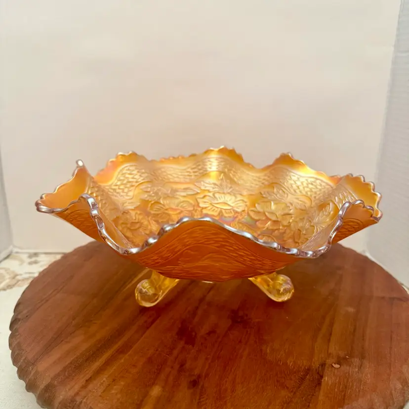 Antique Fenton Iridescent Marigold Carnival Glass Large Ruffled Footed Bowl
