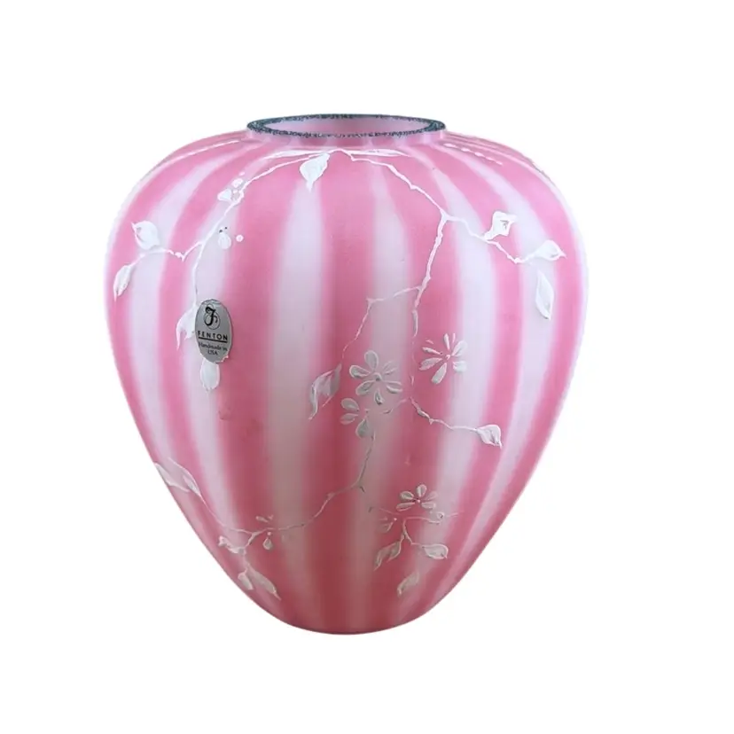 Vintage Fenton Rosalene Satin Glass Vase Twining Floral Pattern 7” x 6”