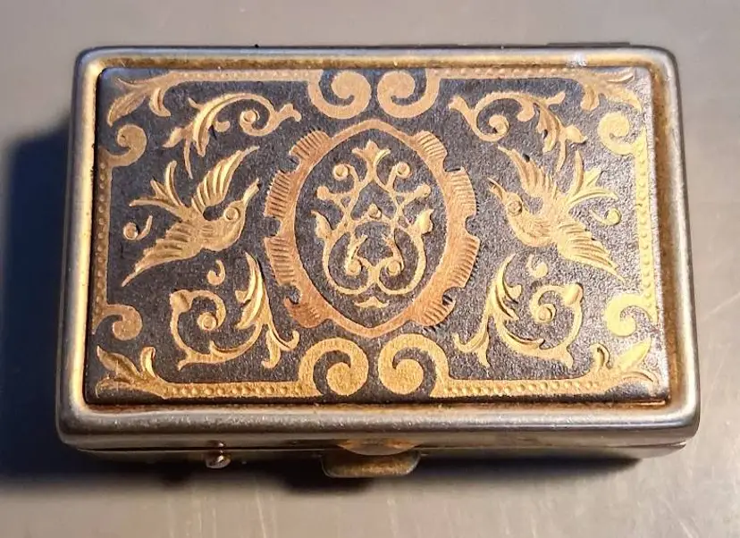 Vintage Damascene Gold Bird Rectangle Pill Box/Trinket Box, Toledo Spain