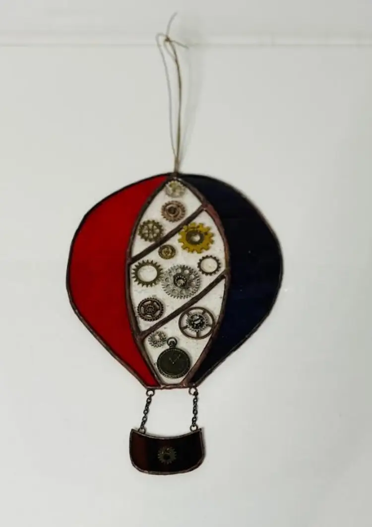 Vintage Stained Glass Hanging Decor Window Hot Air Balloon Red, Blue, with Gears
