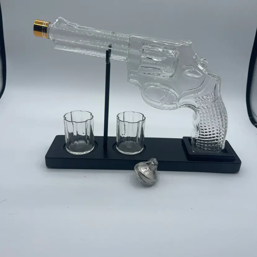 Pistol Whiskey Decanter w/Two Shot Glass & Stand NEW