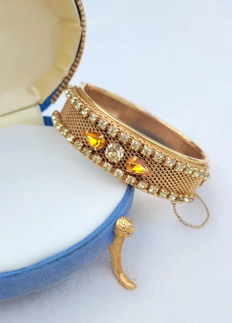Vintage Yellow Rhinestone Gold Tone Metal Mesh Hinged Bangle Bracelet