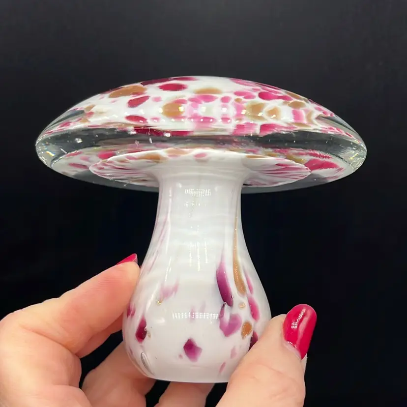 Mushroom Hand Blown Art Glass Paperweight White,Pink w/ Gold Flakes, Glows! | 3.5” (*read)
