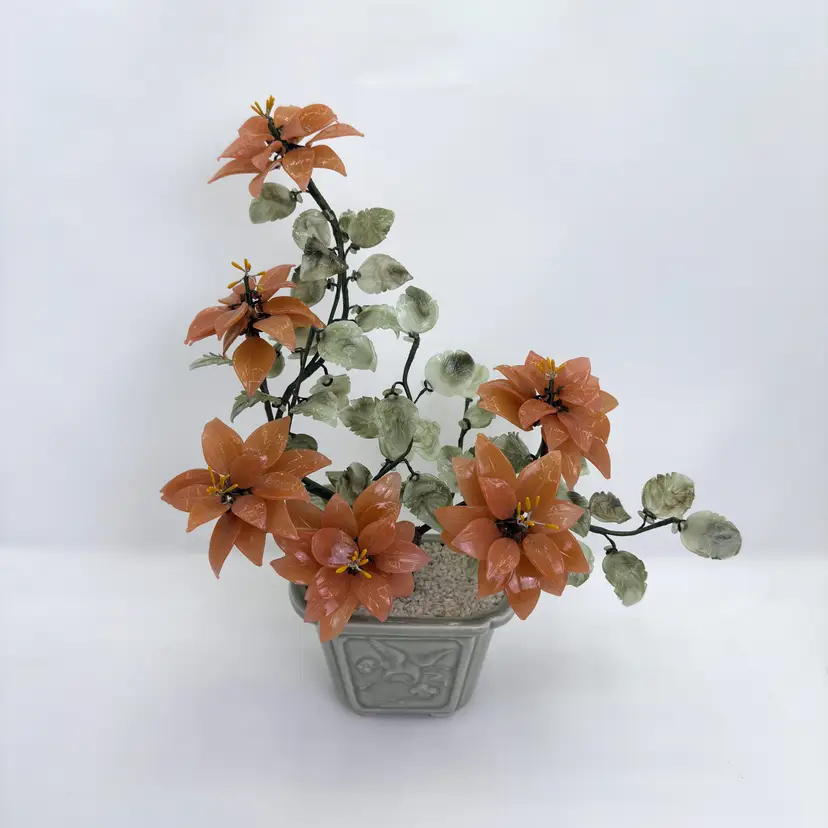 Vintage Chinese Gemstone Bonsai – Flower Arrangement in Celadon Pot – Mid Century Chinoiserie Decor (0205-25)