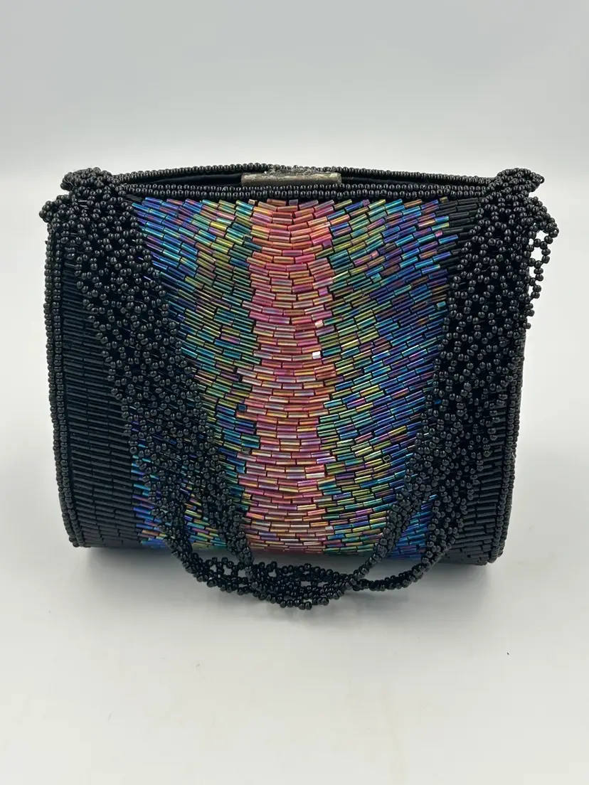 Vintage La Regale Rainbow, Iridescent, Beaded Barrel Style Satchel Purse