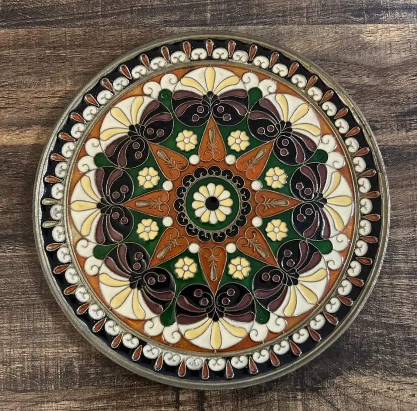 Vintage Mid Century Moroccan Hand Made Bronze Cloisonné Enamel Inlay Wall Plate