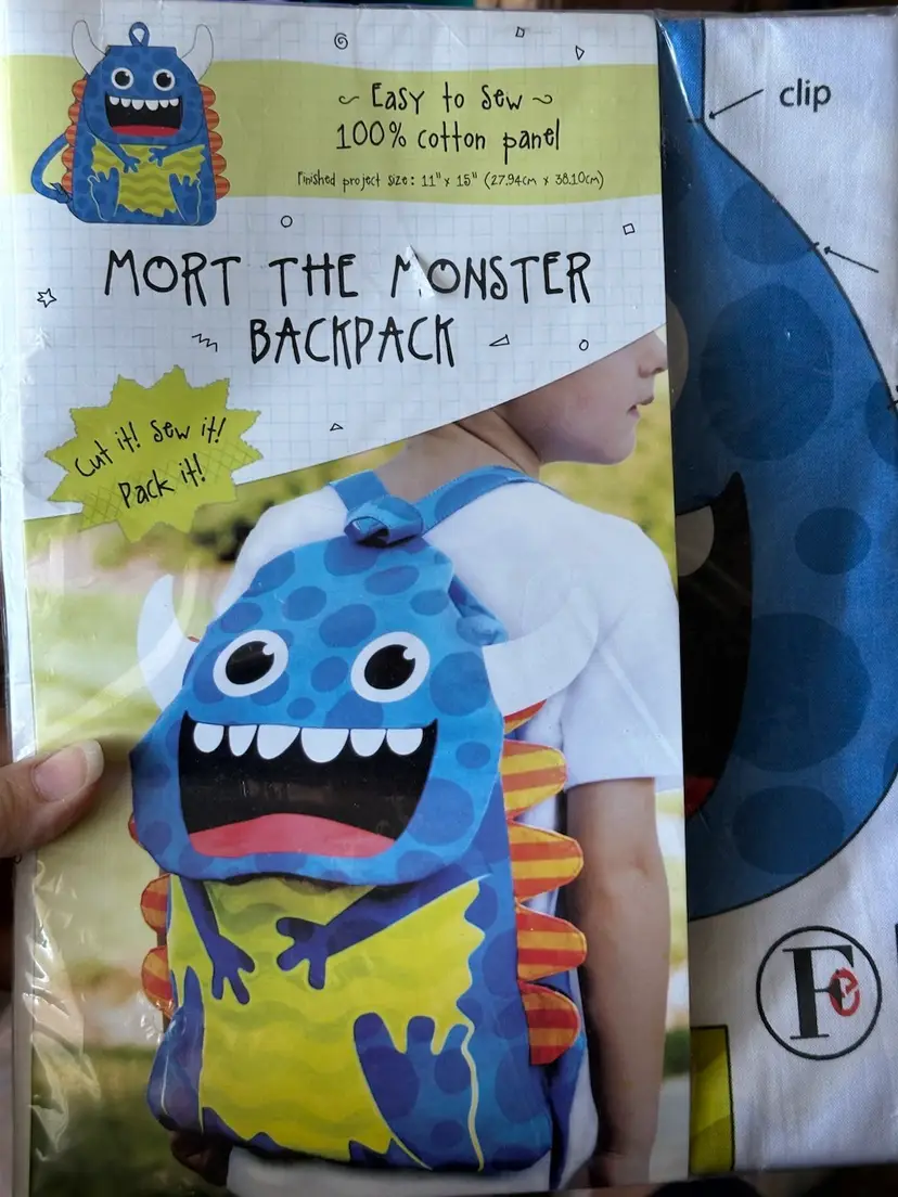 Mort the Monster Backpack 100% Cotton Panel Sewing Kit 11x15" Project 14898142