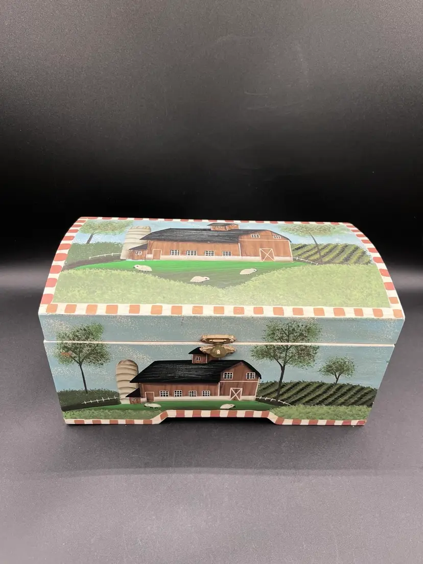 #10 Large Farm Scene Hand Painted Wooden Hinged Treasure Keepsake Box 9”