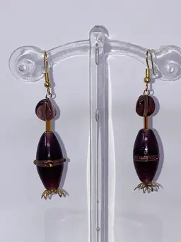 UV Reactive Purple Glass Lampwork  Beads 2 1/2” Drop Earrings! Gold Tone Fish Hooks.  Made By Me!