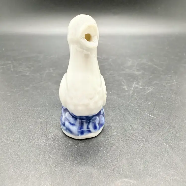 Vintage Blue & White Porcelain Ceramic Duck Bird Whistle Figurine Toy Miniature
