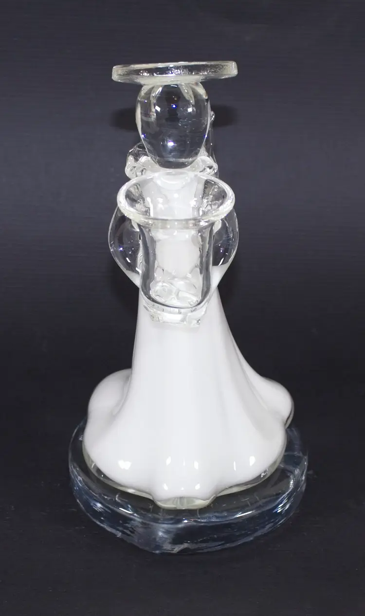 Art Glass Hand Blown Angel Candle Holder Clear Crystal & Milk Glass 7.5" Tall