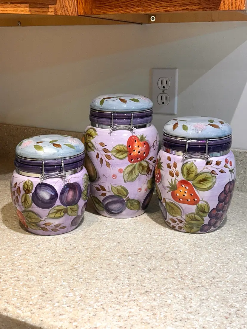 Vtg Gibson Ceramic Canisters Elite Bella Fruita Lavender Set Of  3