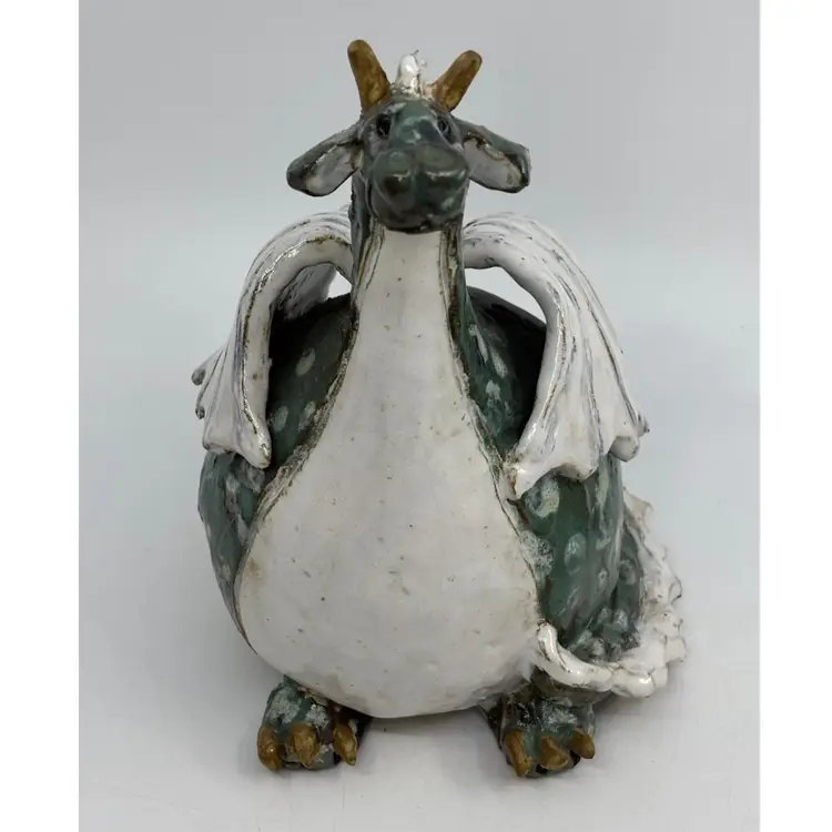 Sara Meadows Pottery 2023 Large Spotted Green Dragon Signed 9H 6L