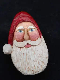 Hand Carved Wooden Folk Art Primitive Santa Head Brooch Pin Signed Vintage