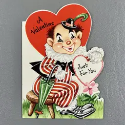 Vintage Valentine Card Die Cut Clown Just For You Heart Flowers Umbrella Gibson 4.75"