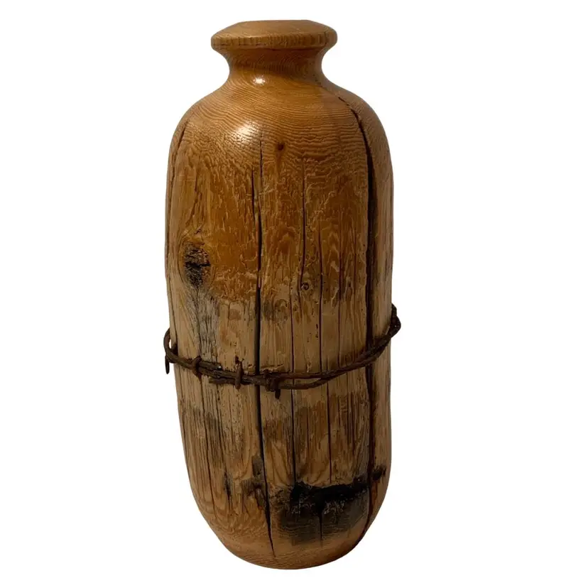 Cool Rustic G. Snedeker Turned Wood Vase with Barbed Wire - 9”