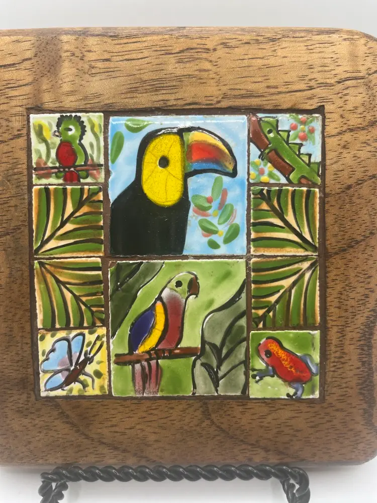 Ceramic Tile Wood Trivet Birds Butterfly Reptiles Tropical Colorful