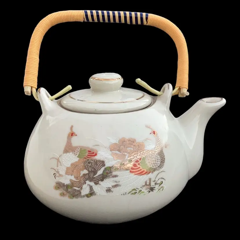 Vintage Ceramic Porcelain Teapot Peacock Design With Orange And Blue Handle 