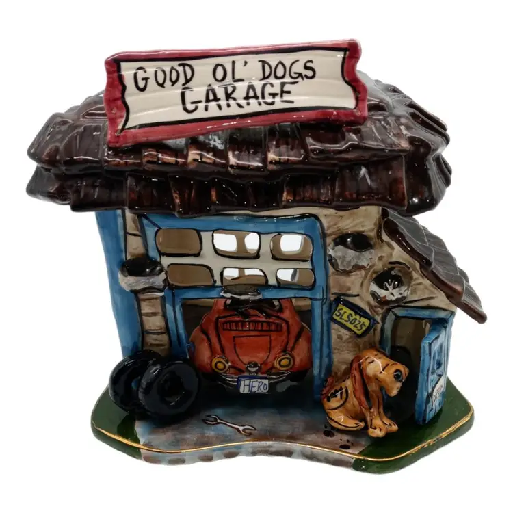 Blue Sky 2003 Heather Goldminc Ceramic Good Ol' Dogs Garage Tealight with Base