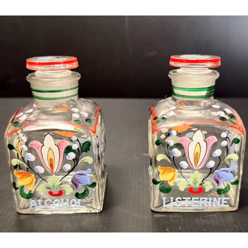 Set of 2 Hand Painted Floral  Glass Dresser Apothecary Vanity Jars Set