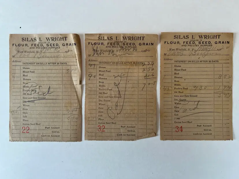 Antique General Store Receipts. 1920 Silas Wright Mercantile Flour Feed Grain Ephemera. Winfield NY