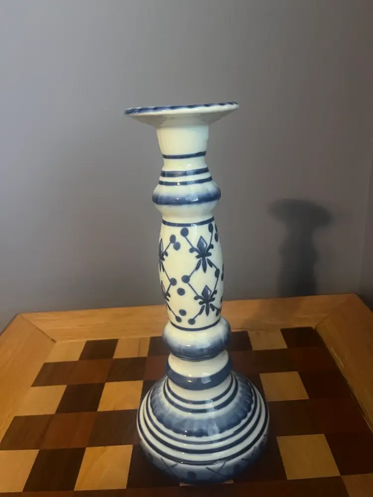 1990s French style blue and white ceramic candlestick 11 Inches
