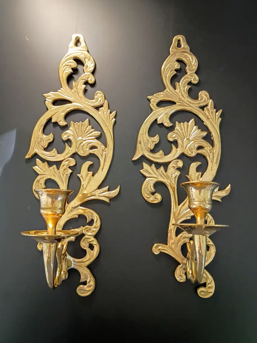 Pair of vintage 13 inch solid brass wall sconce candle holders regency scroll India