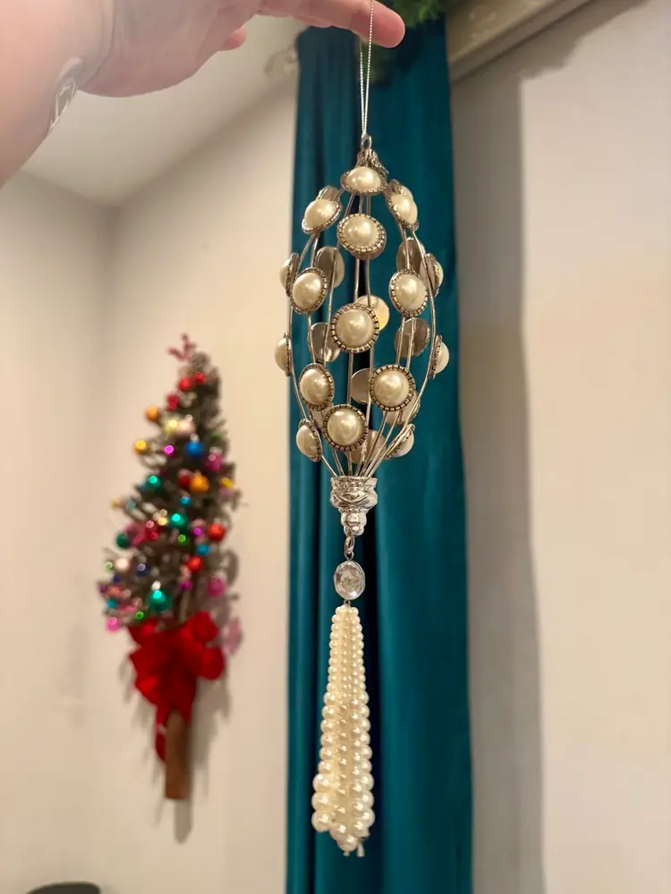 11”long 3” wide. Set of 9, Vintage-style Christmas ornaments made with a wire cage, faux pearls, crystal rhinestone and a beaded tassel