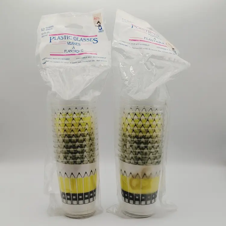 School Party Beverage Cups Glasses 24 Plastic Yellow Pencil 10 oz Vtg NOS USA