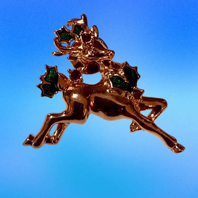 Vintage Signed Avon Christmas Enamel Rhinestone Reindeer Pin