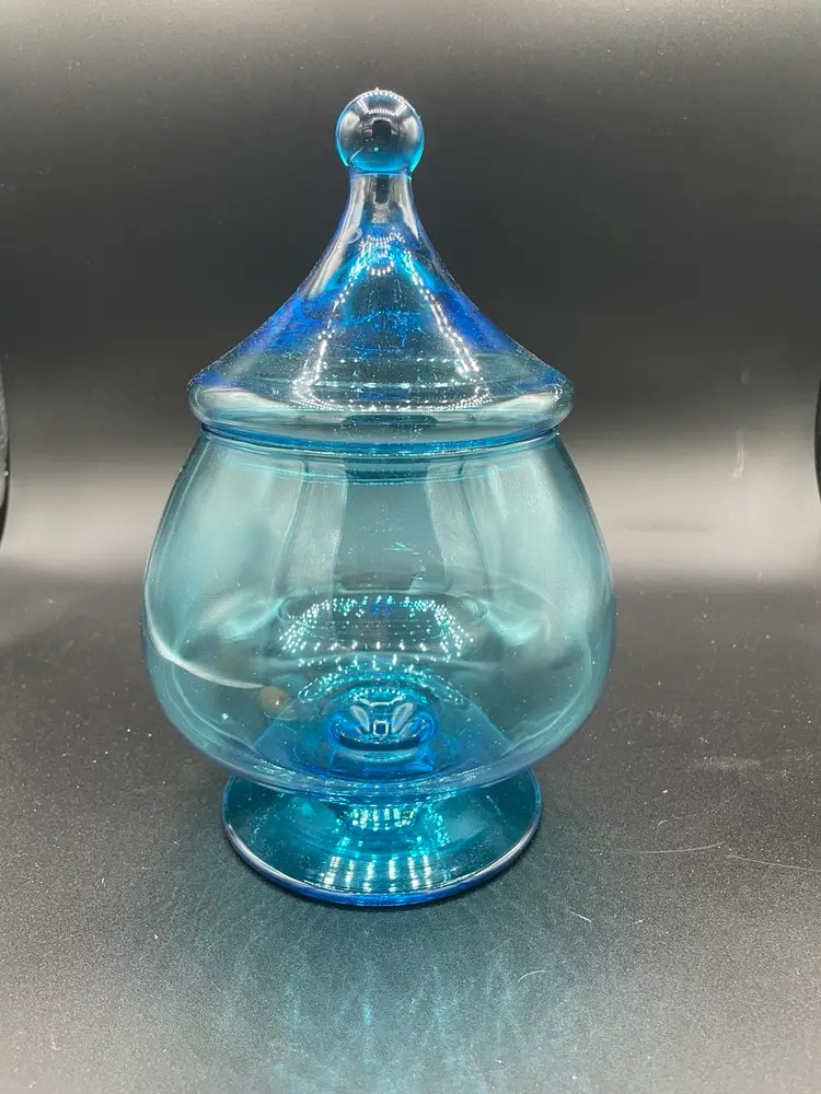 Empoli Blue, turquoise, round glass lidded jar, apothecary jar, circus lid