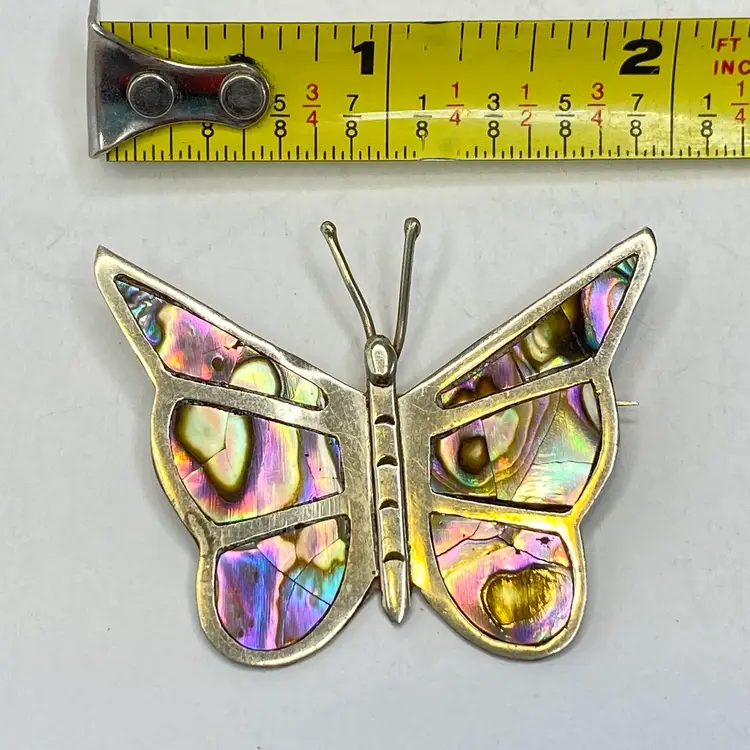 #02 Vintage Mexican Sterling Silver Abalone Butterfly Brooch Pin 925 Taxco Style