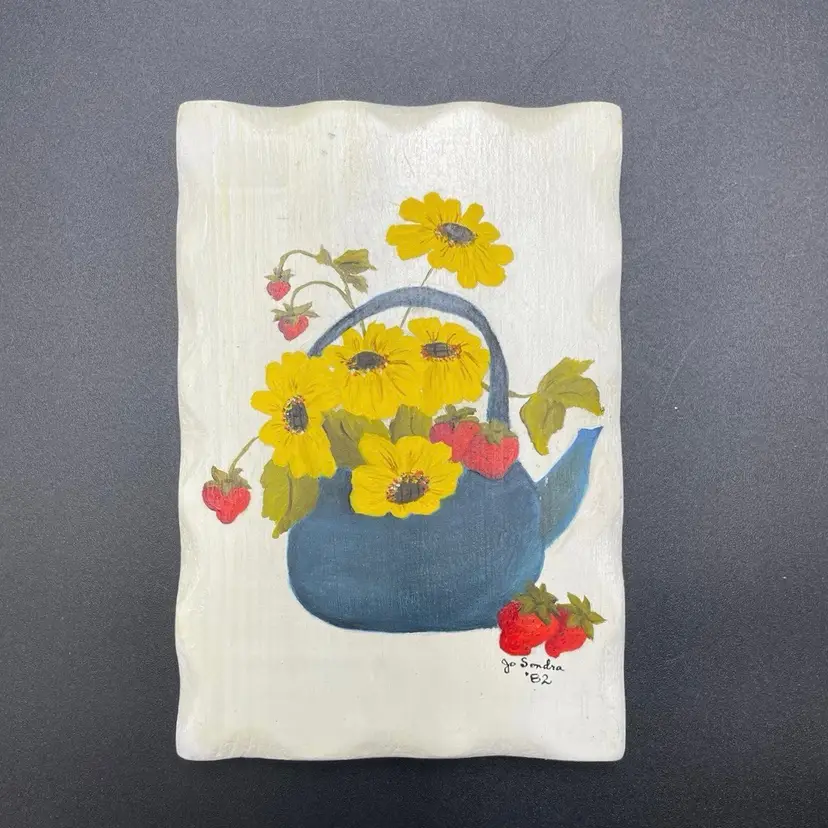 Painting on Wood Teapot Flowers Strawberries Original Folk Art Signed VTG
