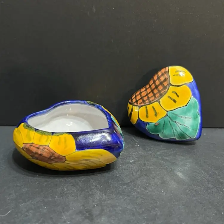 Hand Painted Sunflower Heart Shaped Redware Trinket Box Redware Pottery Trinket Box, Mexico ~2” x 3.5” x 3.25”